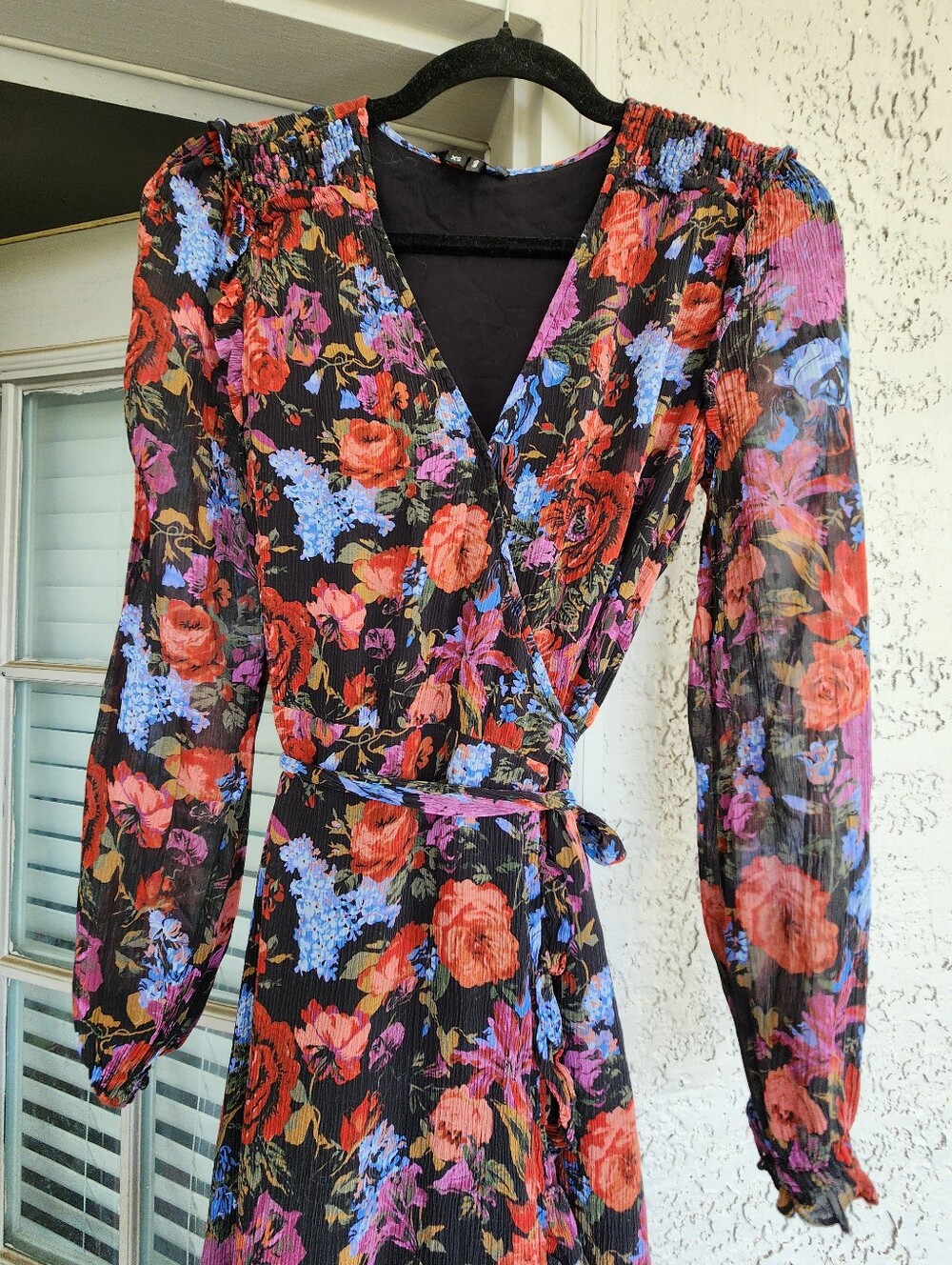 PAIGE Paulette Floral Long Sleeve  V-Neck Midi Wrap Dress - Black Red Pink Multi - Picture 10 of 16